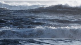 Powerful ocean water, Atlantic ocean at stormy weather, huge sea waves crashing and splashing 
