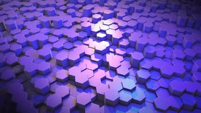 Terrain of 3D moving hexagons. Purple embossed surface with light reflection. Abstract animated background.