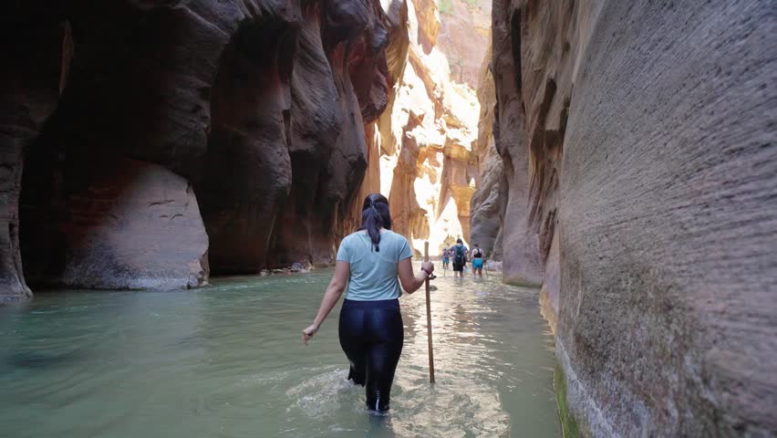 Young Woman on Hiking Adventure in the Narrows Slot Canyon in Zions, Utah
 Royalty-Free Stock Footage #1101762851