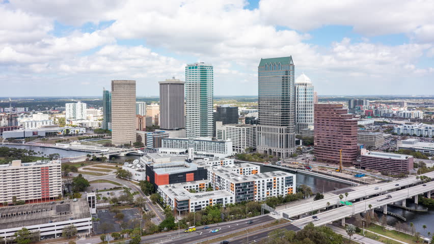 Aerial hyperlapse of Tampa, Florida skyline. Tampa is a city on the Gulf Coast of the U.S. state of Florida.