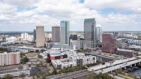 Aerial hyperlapse of Tampa, Florida skyline. Tampa is a city on the Gulf Coast of the U.S. state of Florida.