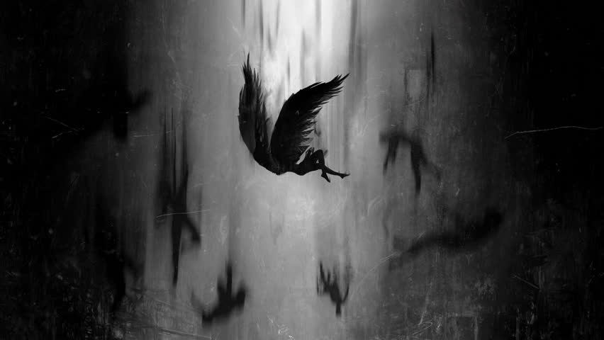The angel Lucifer, exiled from paradise, falls from heaven, unable to fly on his broken black wings anymore, black silhouettes of people fall with him into the black abyss. clean looped 2d animation | Shutterstock HD Video #1101767503