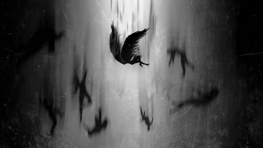 The angel Lucifer, exiled from paradise, falls from heaven, unable to fly on his broken black wings anymore, black silhouettes of people fall with him into the black abyss approaching 2d animation art Royalty-Free Stock Footage #1101767505