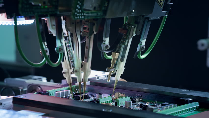 Electronic circuit boards production and installation of SMD components. Needle automatic equipment diagnose and test chips and processors. Manufacture of electronic chips. High-tech, close-up Royalty-Free Stock Footage #1101767581