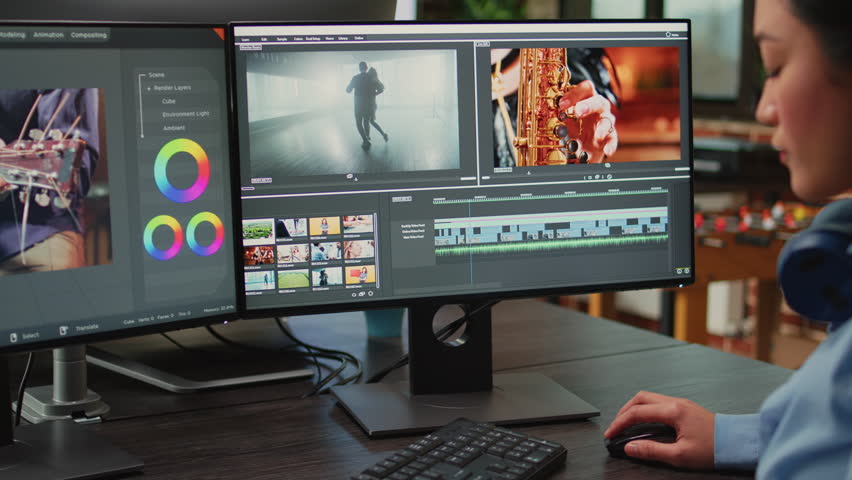 Videography expert editing video footage in post production agency house, improving montage quality on creative software. Video editor working on movie or film lighting, filmmaking industry. | Shutterstock HD Video #1101777351