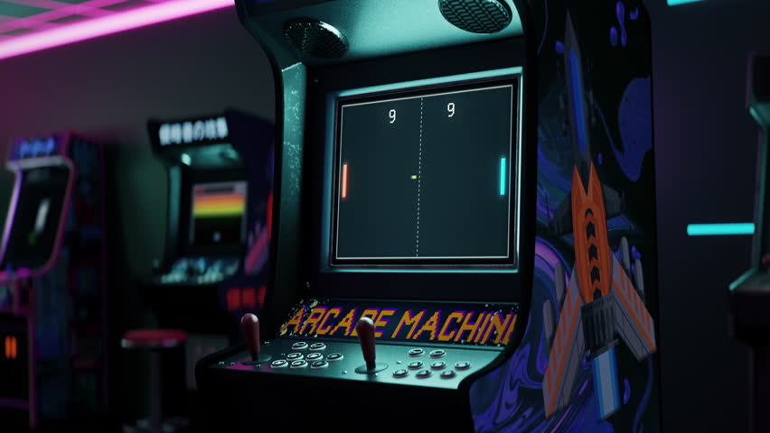 Using an old-school arcade machine to play pixel ping pong video game. Showing the old-school arcade pixelated tennis on the screen. Player winning the match of old-school arcade pixel game. Royalty-Free Stock Footage #1101778441
