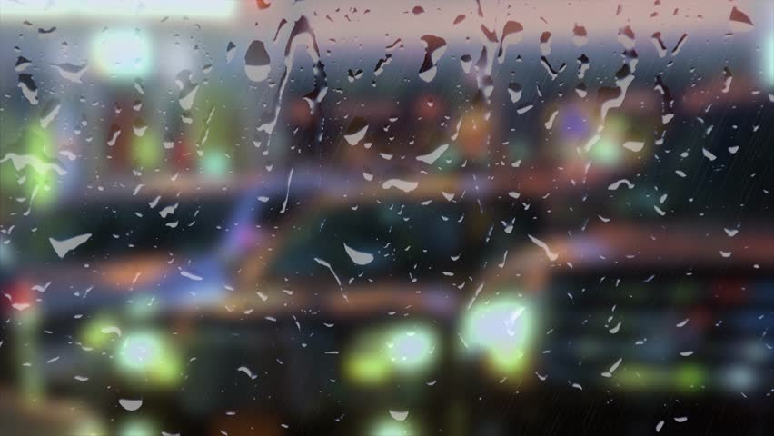 Stream of cars under the rain through window glass. NYC, New York, USA.
