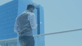 Network of digital icons against rear view of african american businessman using smartphone. global networking and business technology concept - Powered by Shutterstock - Get 15% off with code: PIKWIZARD15