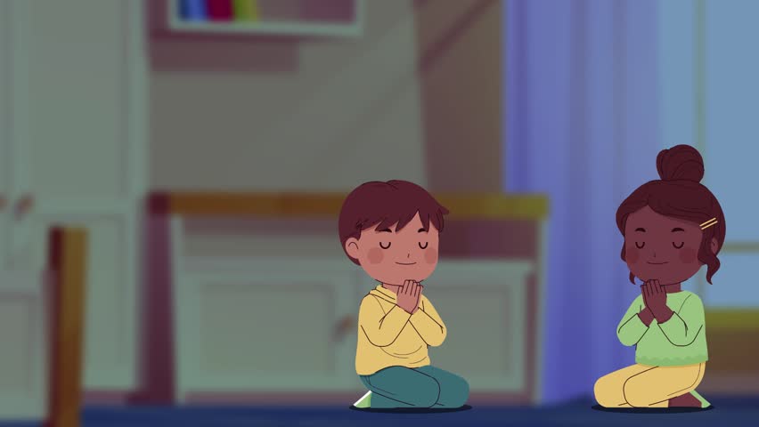 CHILDREN PRAYING WITH JESUS IN THEIR ROOM