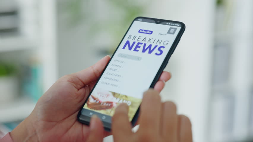 News, website and hands search phone screen with global media, internet and digital. Media, app and technology with woman reading on smartphone for newspaper, communication and information online