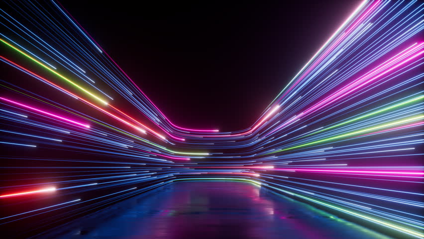 looping 3d animation. Abstract neon background with colorful glowing lines sliding right endlessly. Seamless animated wallpaper