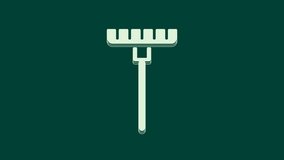 White Garden rake icon isolated on green background. Tool for horticulture, agriculture, farming. Ground cultivator. Housekeeping equipment. 4K Video motion graphic animation.