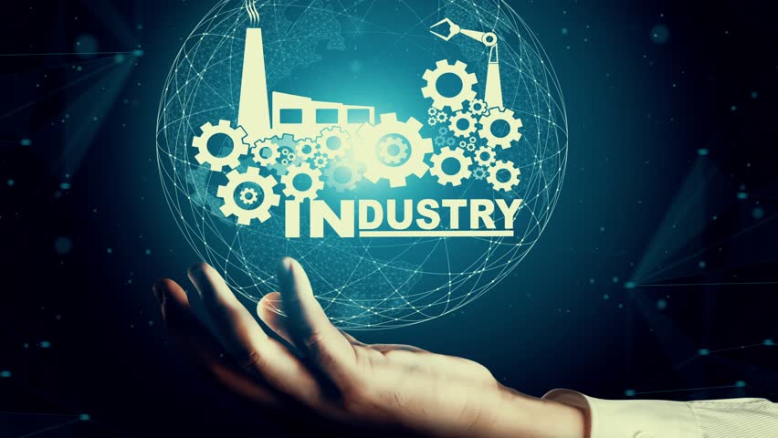 Futuristic industry 4.0 and inventive mechanized engineering concept with graphic user interface showing automation design, robot operation, usage of machine deep learning for future manufacturing. | Shutterstock HD Video #1101789085