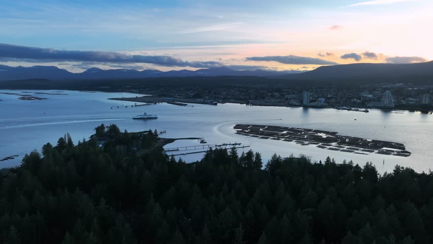 Panoramic Aerial View Of Protection Island And Nanaimo Harbour And Downtown In British Columbia, Canada. 
