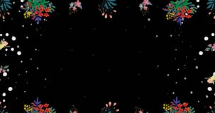 Animation of happy chinese new year text with temple over lights and flowers on black. chinese new year, celebration, tradition and seasonal event concept digitally generated video.