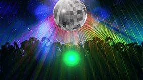 Animation of mirrorball and colourful lights over dancing crowd. celebration, music, party, entertainment and event concept digitally generated video.