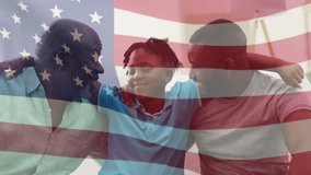 Animation of happy african american family embracing over american flag. patriotism and celebration concept digitally generated video.