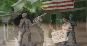 Animation of happy caucasian family with american flags over toy soldiers. patriotism and celebration concept digitally generated video.