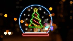 Animation of christmas neon over blurred street lights. christmas, tradition and celebration concept digitally generated video.