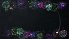 Animation of happy holiday text over colorful fireworks. tradition and celebration concept digitally generated video.