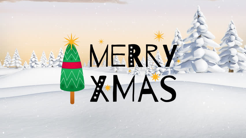 Animation of merry christmas text over winter landcape. christmas, tradition and celebration concept digitally generated video.
