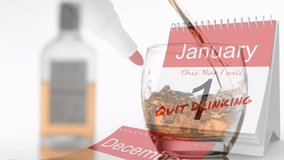 Animation of glass of champagne over calendar on white background. new year's day and celebration concept digitally generated video.