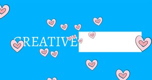 Animation of creative month text and hearts over colorful stains on blue background. hobby and lifestyle concept digitally generated video.