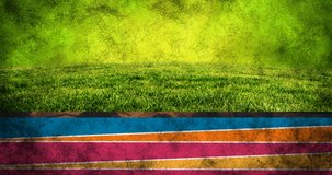 Animation of handwritten maths formulae and calculations moving over colourful path and grass. maths, education and research concept, digitally generated video.