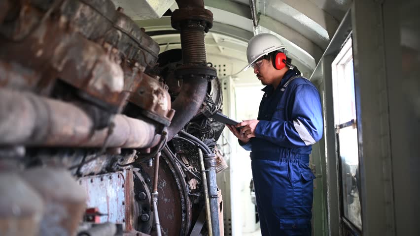 Engine engineer inspecting large machines in factory,Railway engine maintenance technician,engine repair mechanical manager