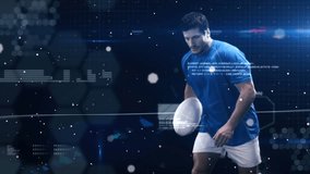 Animation of networks of connections over rugby player. global sports, technology, digital interface and connections concept digitally generated video.