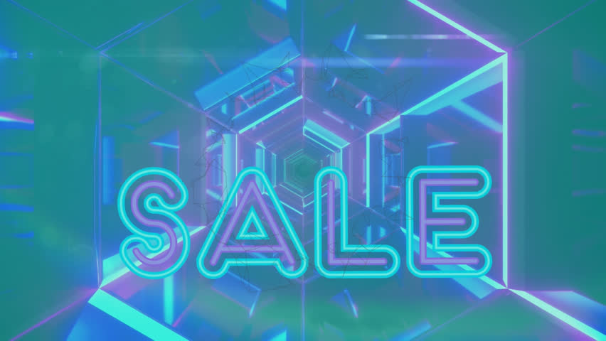 Animation of sale text and scope scanning over neon tunnel. global sales, retail, connections, digital interface, technology and networking concept digitally generated video. - Powered by Shutterstock - Get 15% off with code: PIKWIZARD15