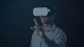 Animation of networks of connections over man wearing vr headset. global connections, digital interface, technology and networking concept digitally generated video.