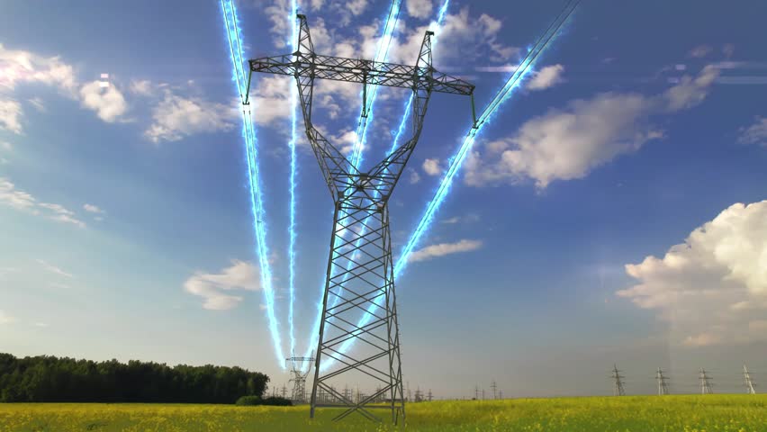Visualization of electricity transmission over high-voltage wires. Pylons and power lines on a clear blue sky with clouds. HV power transfer tower against the background of a clear sky with clouds. 4k Royalty-Free Stock Footage #1101805529