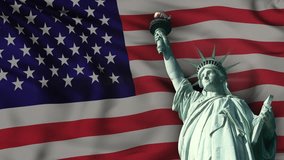 American Statue of Liberty against the background of a waving star-spangled U.S. flag. Looped seamless repetitive video. . High quality 4k footage