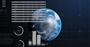 Animation of statistics and financial data processing over globe. global business, digital interface, technology and networking concept digitally generated video.