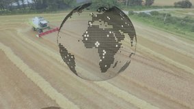 Animation of globe and financial data processing over combine in agriculture field. global farming, business, digital interface, technology and networking concept digitally generated video.