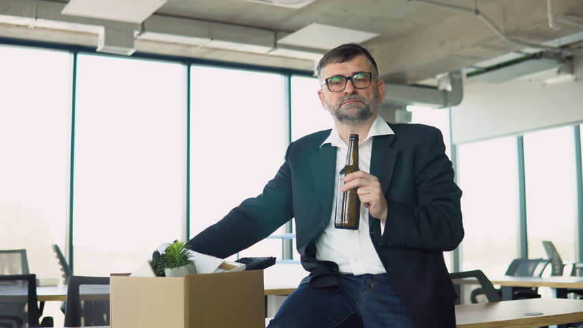 Fired senior employee sitting frustrated and upset in the hallway near office with dismissal box and drinks alcohol. He lost work or retiring | Shutterstock HD Video #1101812155
