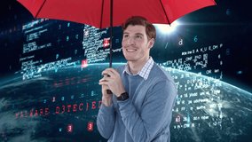 Animation of businessman with red umbrella, globe, digital icons and data processing on screens. global business, digital interface, technology and networking concept digitally generated video. - Powered by Shutterstock - Get 15% off with code: PIKWIZARD15