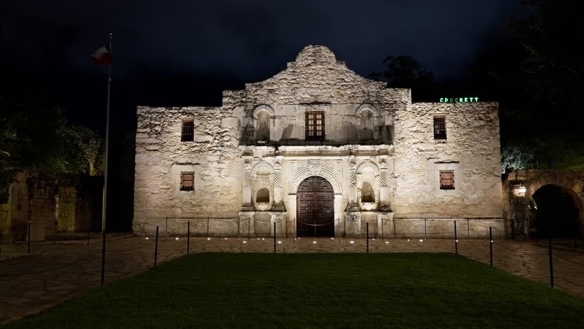 Famous Alamo at Alamo Plaza in San Antonio at night - SAN ANTONIO, TEXAS