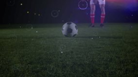 Animation of networks of connections over football player. global sports, technology, digital interface and connections concept digitally generated video.