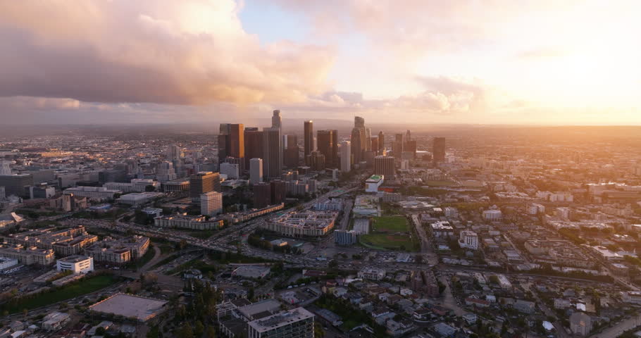 Drone flying above road lined with tall green palm trees. Palms in golden sunset light on Hollywood hills with scenic Los Angeles downtown. Epic Los Angeles downtown view on pink cinematic sunset. 