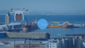Animation of network of connections over drone with parcel over harbor. global shipping, business, digital interface, technology and networking concept digitally generated video.