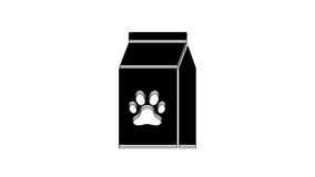 Black Bag of food for pet icon isolated on white background. Food for animals. Pet food package. Dog or cat paw print. 4K Video motion graphic animation.