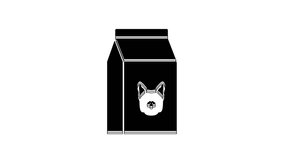 Black Bag of food for dog icon isolated on white background. Food for animals. Pet food package. 4K Video motion graphic animation.