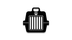 Black Pet carry case icon isolated on white background. Carrier for animals, dog and cat. Container for animals. Animal transport box. 4K Video motion graphic animation.