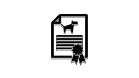 Black Medical certificate for travel with dog or cat icon isolated on white background. Document for pet. Dog or cat paw print. 4K Video motion graphic animation.