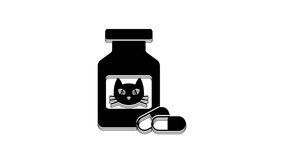 Black Cat medicine bottle and pills icon isolated on white background. Container with pills. Prescription medicine for animal. 4K Video motion graphic animation.