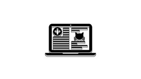Black Medical clinical record cat on laptop icon isolated on white background. Health insurance form. Prescription, medical check marks report. 4K Video motion graphic animation.
