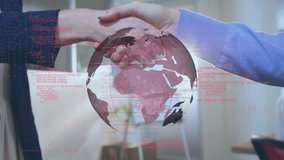 Animation of globe and data processing over handshake. global connections, business, digital interface, technology and networking concept digitally generated video. - Powered by Shutterstock - Get 15% off with code: PIKWIZARD15