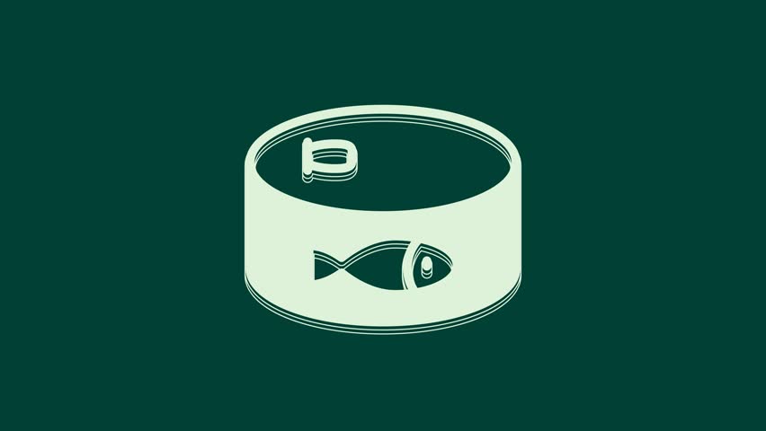White Canned fish icon isolated on green background. 4K Video motion graphic animation.